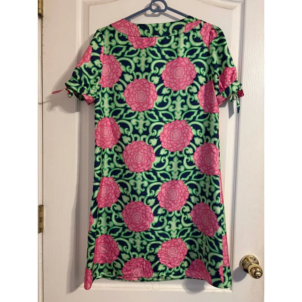 Lilly Pulitzer Silk Shift Dress Pink Green‎ Floral Scroll Tie Sleeve Size 8 - Picture 2 of 6